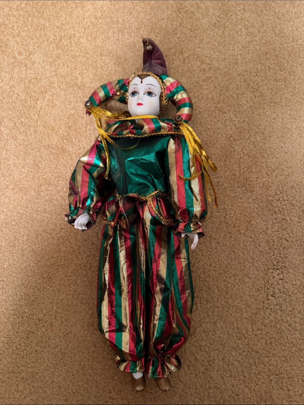 Vintage porcelain doll, Mardi Gras themed